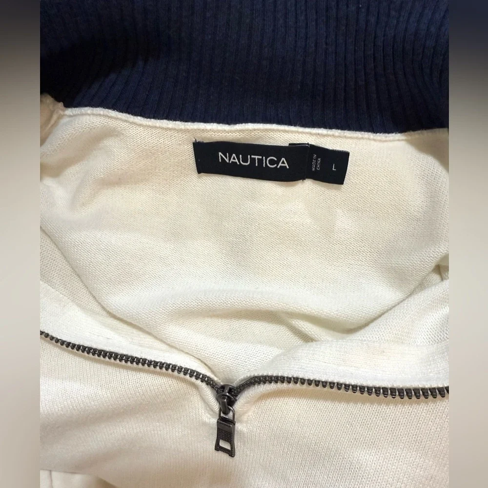 Nautica Quarter-Zip Pullover with Navy Trim Off White & Navy 💯% Cotton